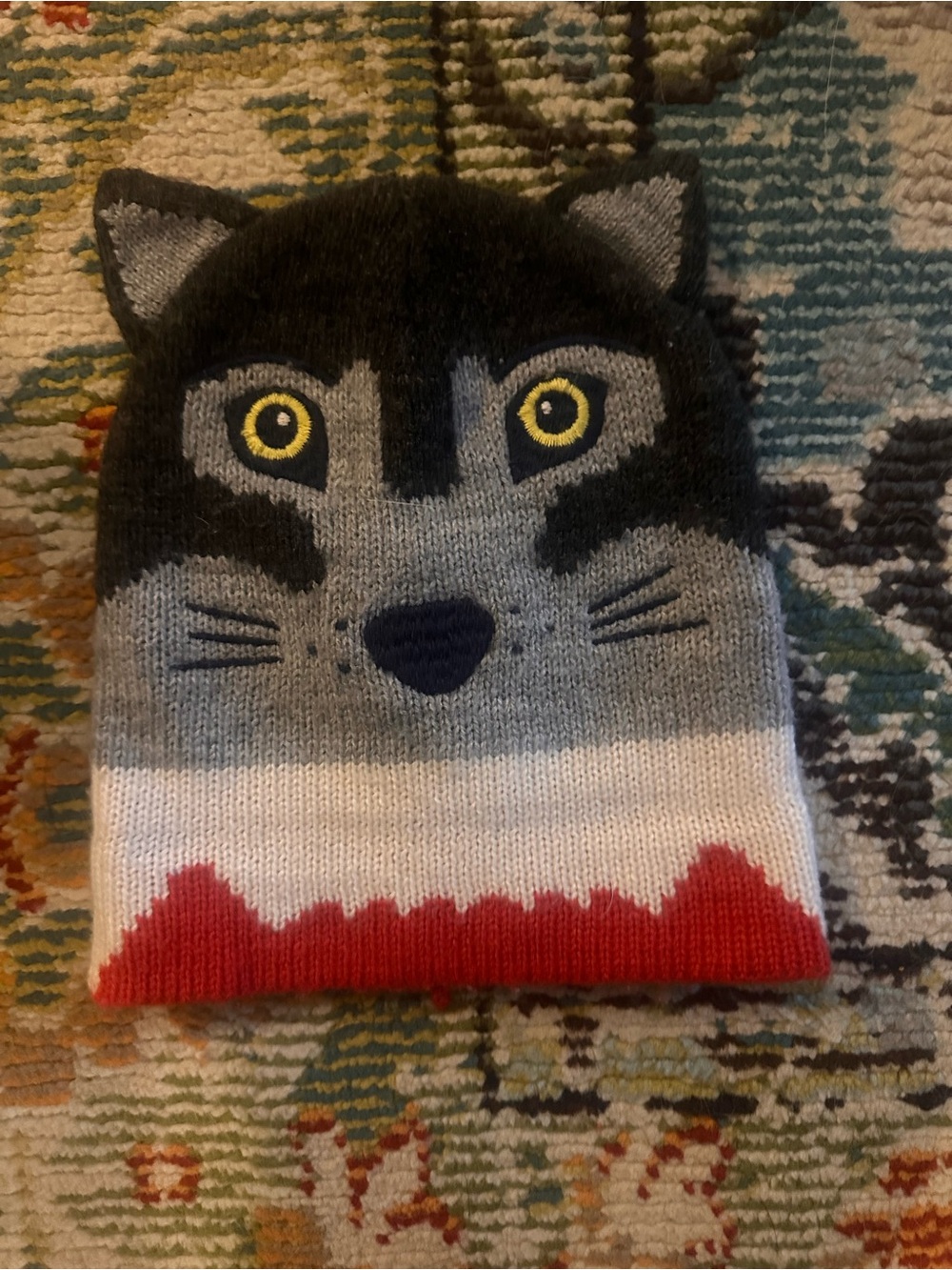 Mini Boden Grey & Black Wolf Beanie Hat with Yellow Eyes and Red Trim